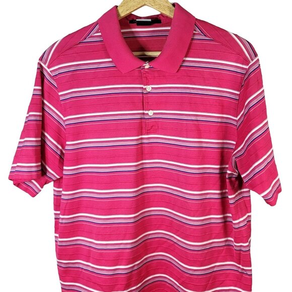 Nike Tiger Woods Mens Golf Shirt Pink Large Stripe Short Sleeve Dri-Fit Polo - Picture 2 of 6